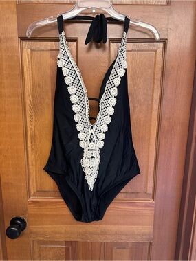 Mossimo Supply Co. Black One-Piece Swimsuit with Cream Crochet Trim